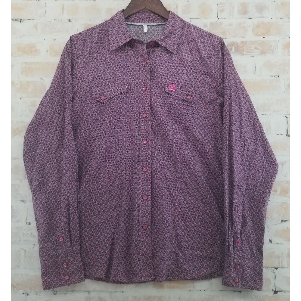 Cinch Women's Large Pearl Snap Long Sleeve Western Cowgirl Shirt Pink Geometric